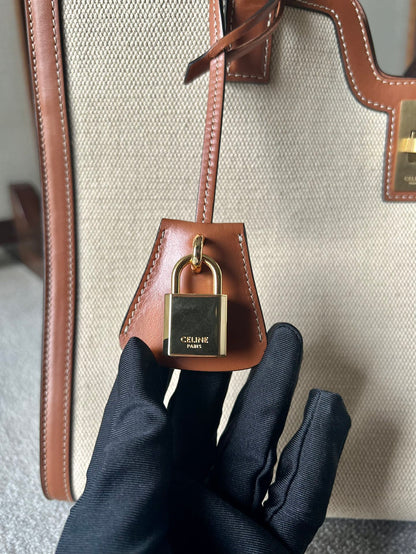 CABAS 37 IN WHITE CANVAS AND BRONZE BROWN CALFSKIN TRIM GOLD LOCK