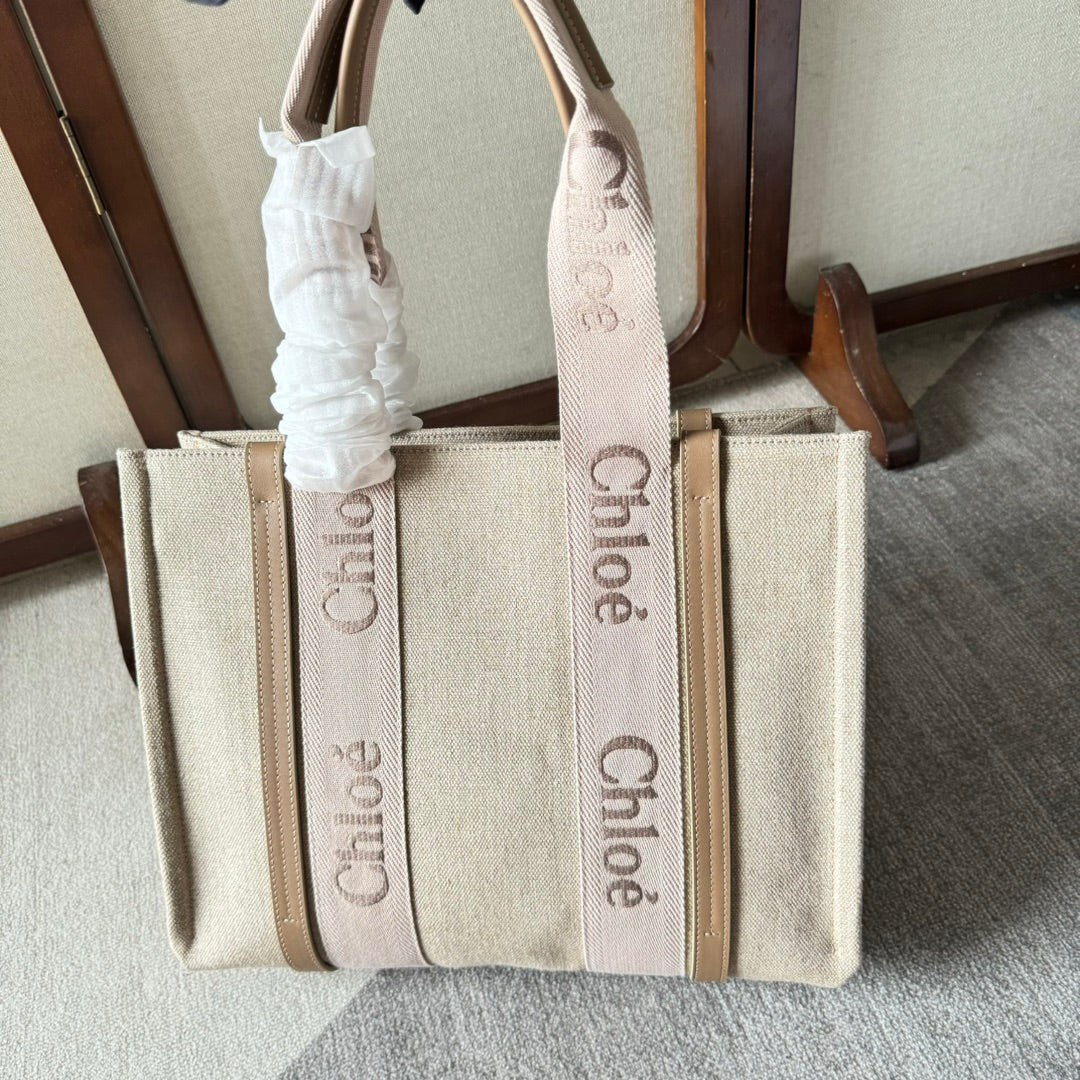 MEDIUM WOODY TOTE BAG 37 IN BEIGE LINEN CANVAS LIGHT PINK WEBBING LOGO EMBROIDERY