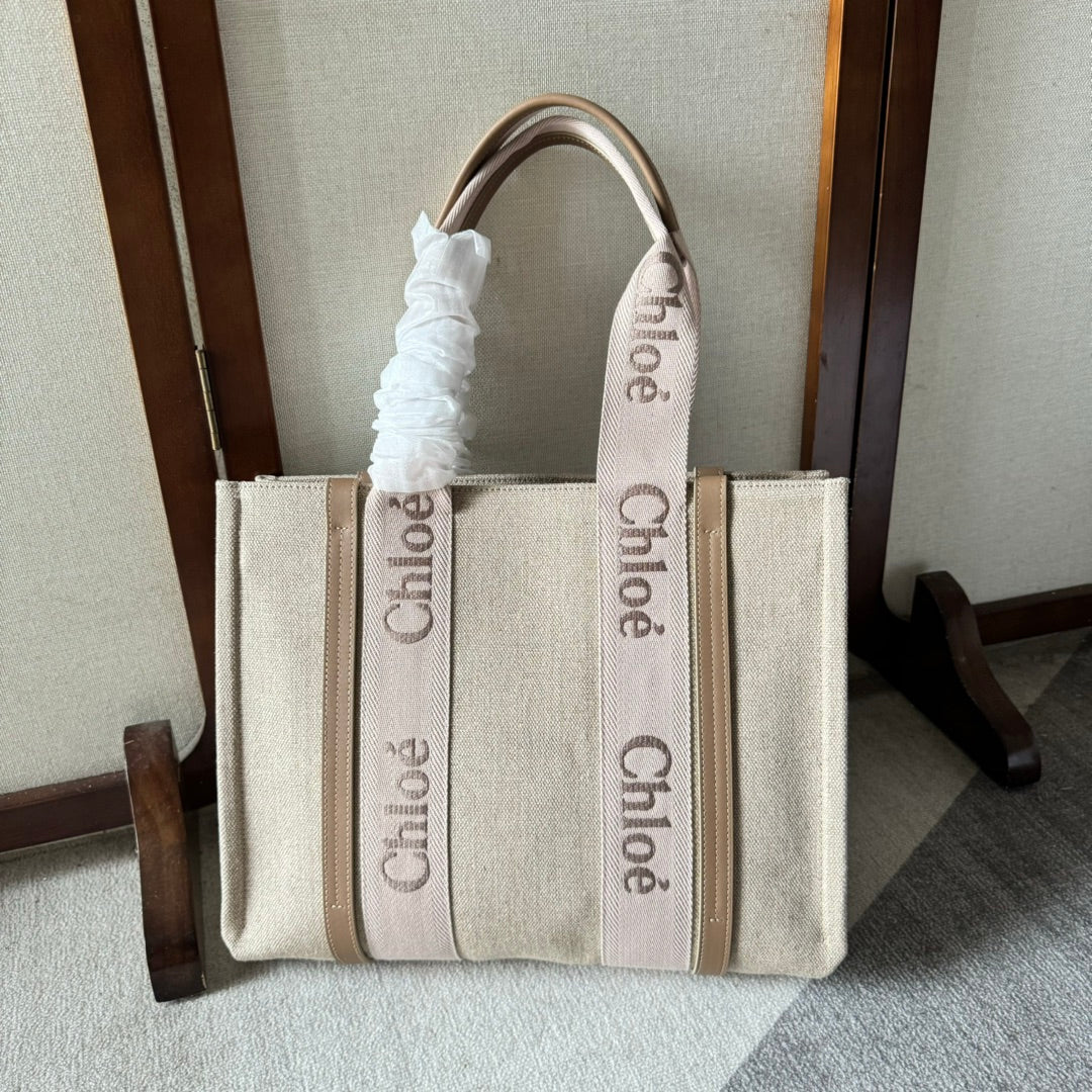 MEDIUM WOODY TOTE BAG 37 IN BEIGE LINEN CANVAS LIGHT PINK WEBBING LOGO EMBROIDERY