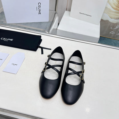 BALLET FLAT WITH CROSSOVER STRAP IN BLACK LAMBSKIN