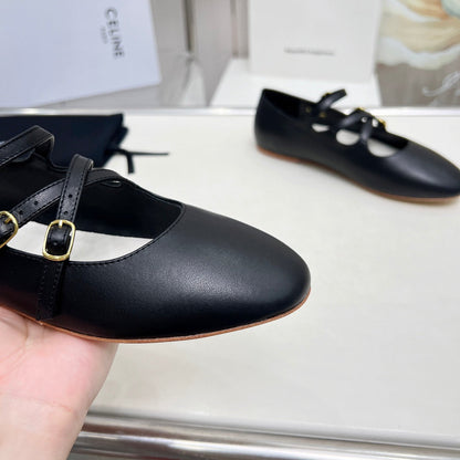 BALLET FLAT WITH CROSSOVER STRAP IN BLACK LAMBSKIN