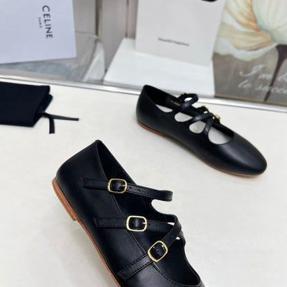 BALLET FLAT WITH CROSSOVER STRAP IN BLACK LAMBSKIN