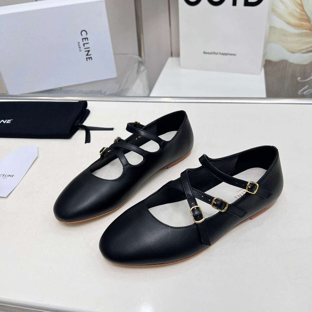 BALLET FLAT WITH CROSSOVER STRAP IN BLACK LAMBSKIN