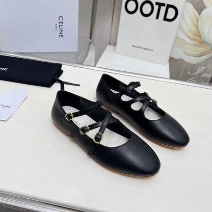 BALLET FLAT WITH CROSSOVER STRAP IN BLACK LAMBSKIN