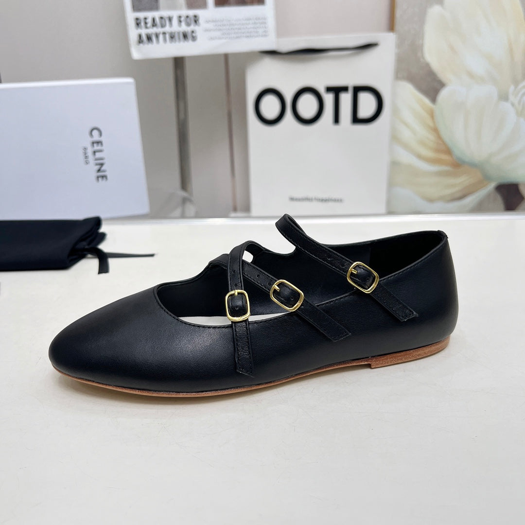 BALLET FLAT WITH CROSSOVER STRAP IN BLACK LAMBSKIN