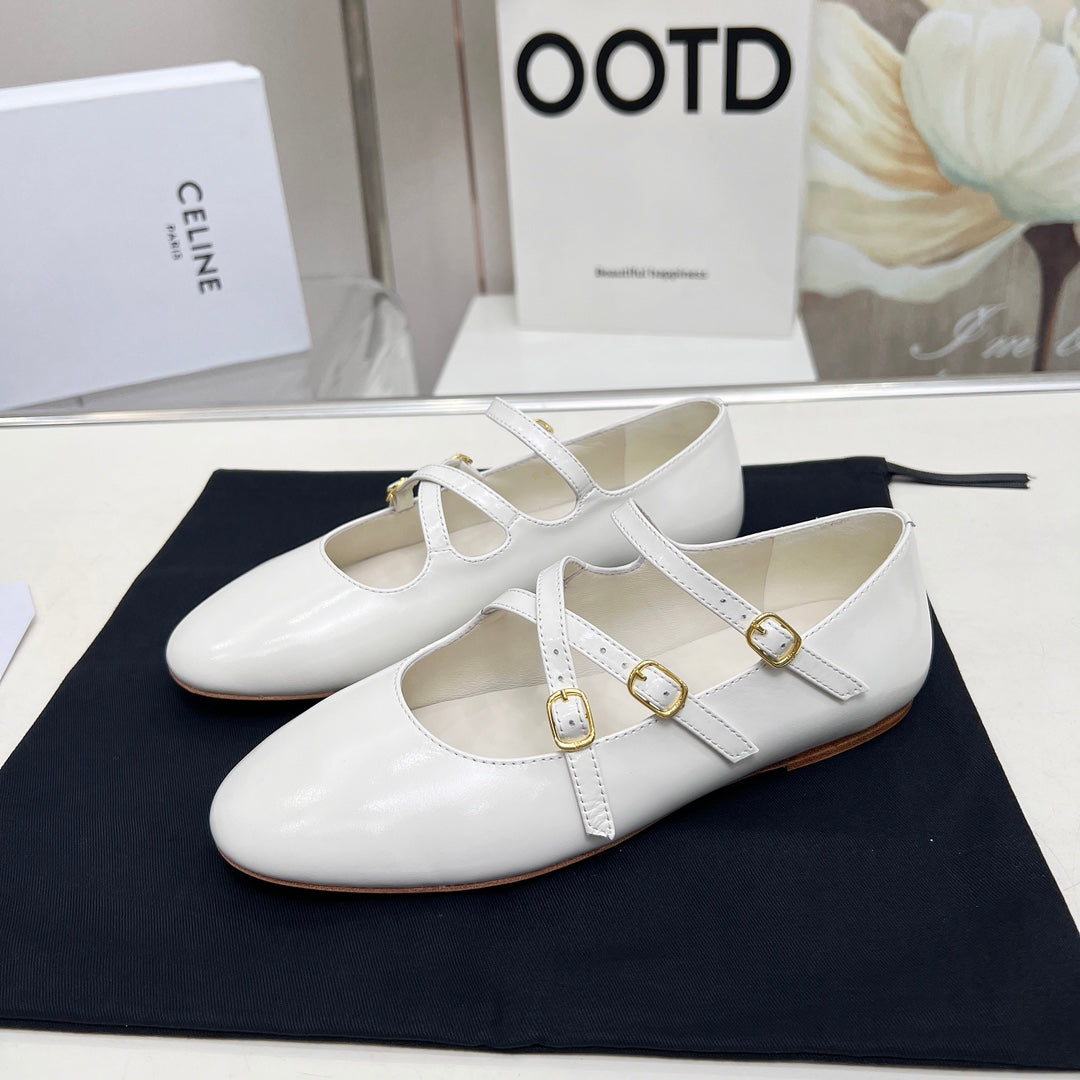 BALLET FLAT WITH CROSSOVER STRAP IN WHITE LAMBSKIN