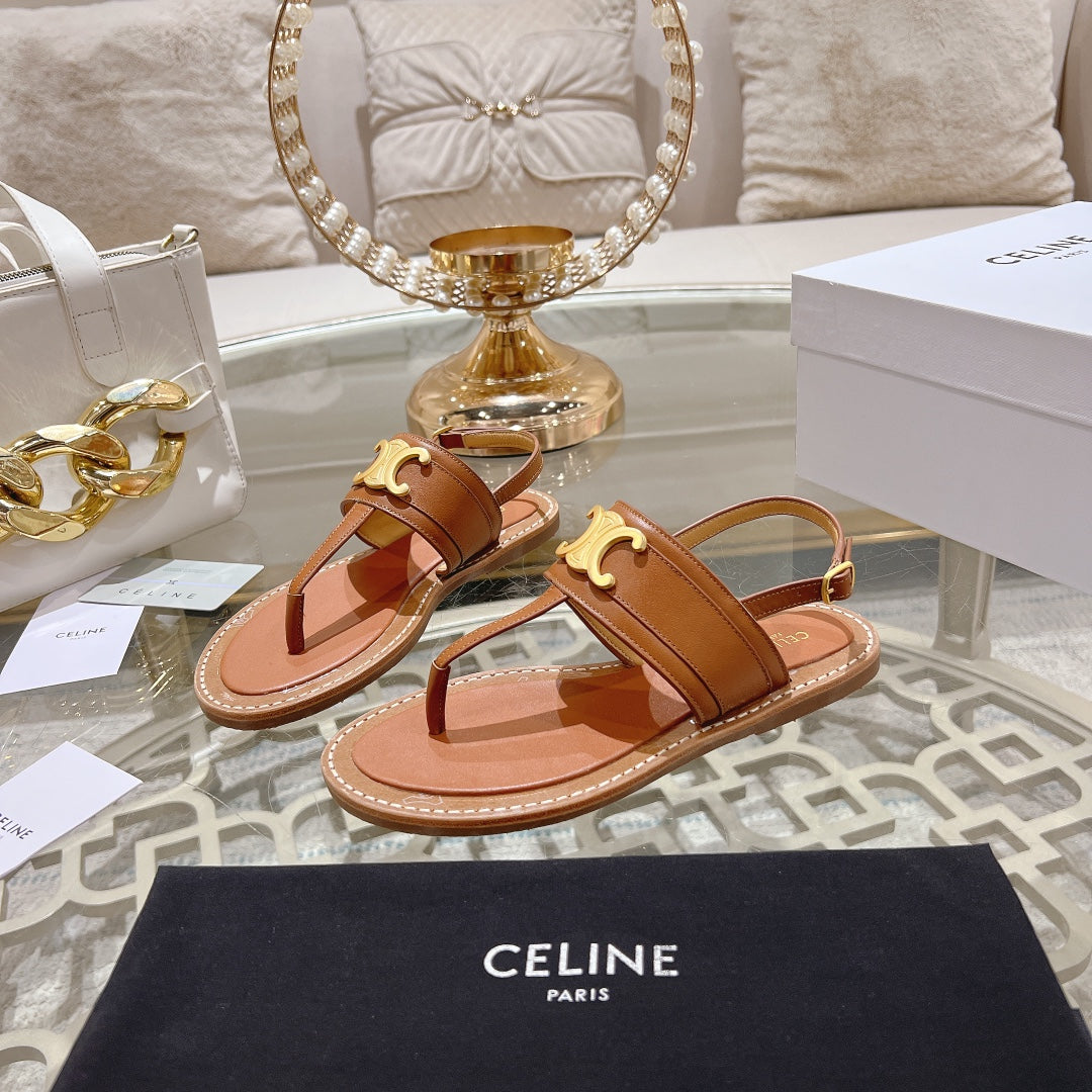 LYMPIA TRIOMPHE THONG IN CALFSKIN CARAMEL BROWN
