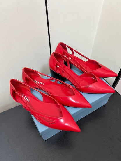 BRUSHED CUT-OUT PUMPS IN RED CALFSKIN