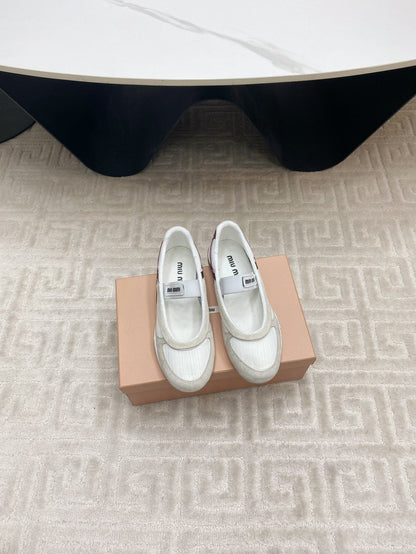 BALLET FLAT SHOES IN WHITE MESH AND BEIGE SUEDE