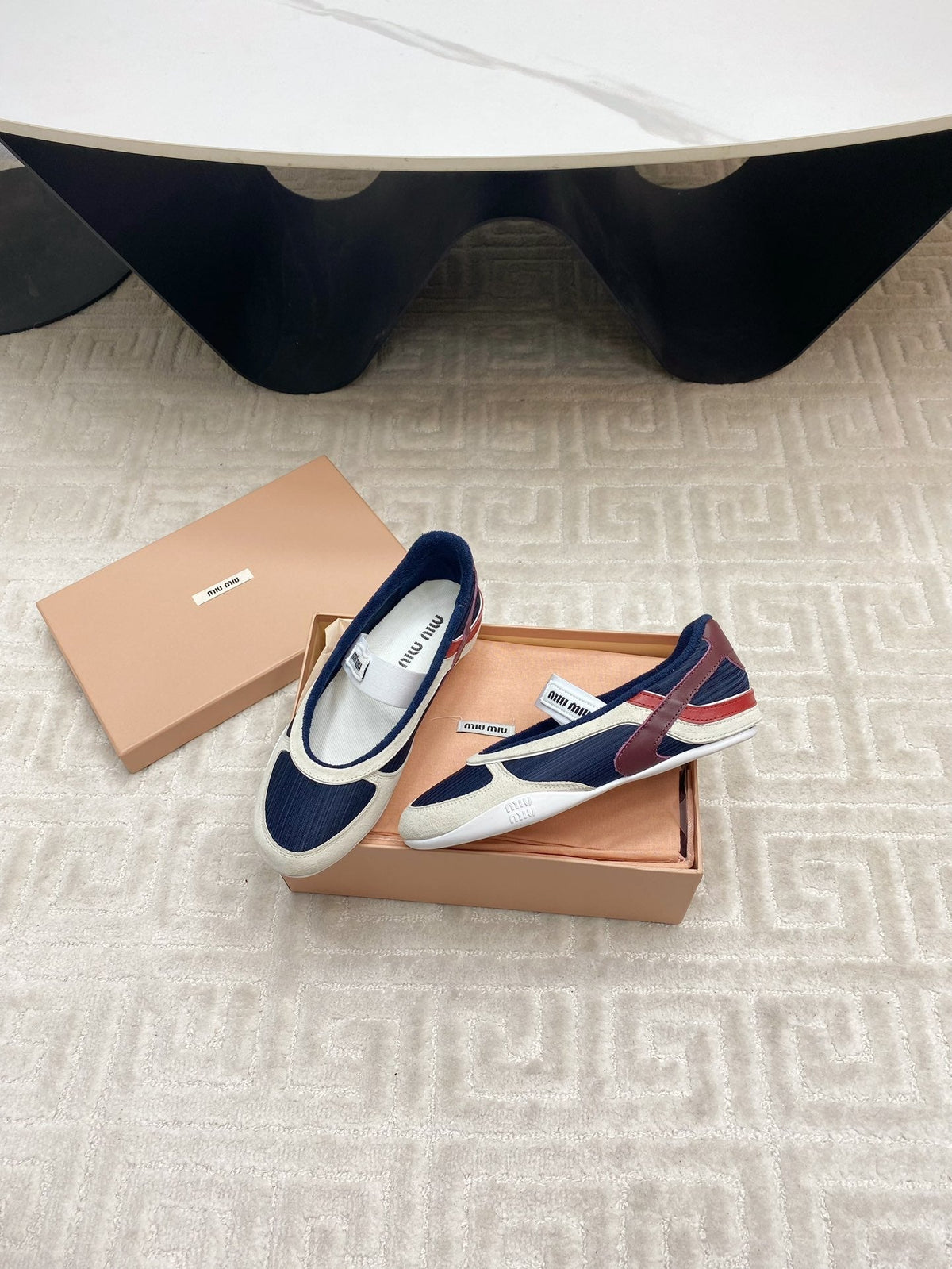 BALLET FLAT SHOES IN NAVY MESH AND WHITE SUEDE
