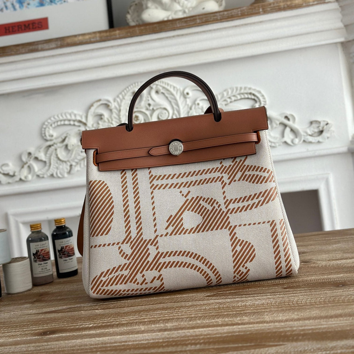 BOLSO HERBAG ZIP 31 RETOURNE BAG IN OFF-WHITE MIX BROWN H VIKING CANVAS AND COWHIDE