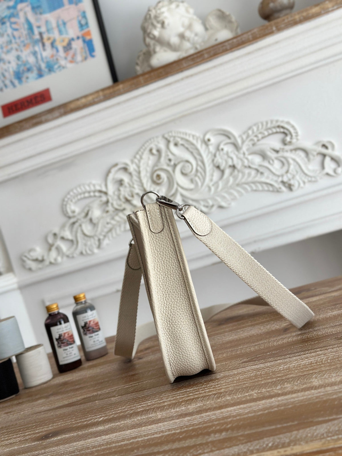 MINI NEO 17 EVELYNE BAG IN OYSTER TAN CANVAS AND WHITE CALFSKIN