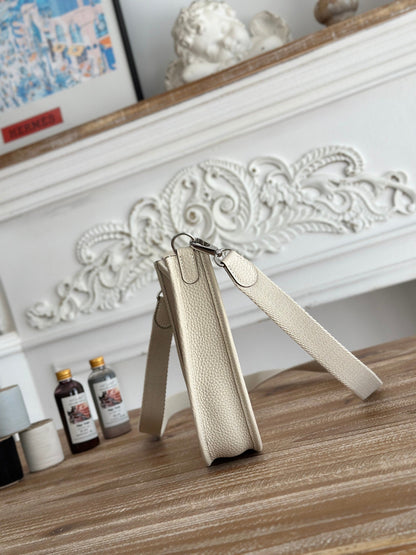 MINI NEO 17 EVELYNE BAG IN OYSTER TAN CANVAS AND WHITE CALFSKIN
