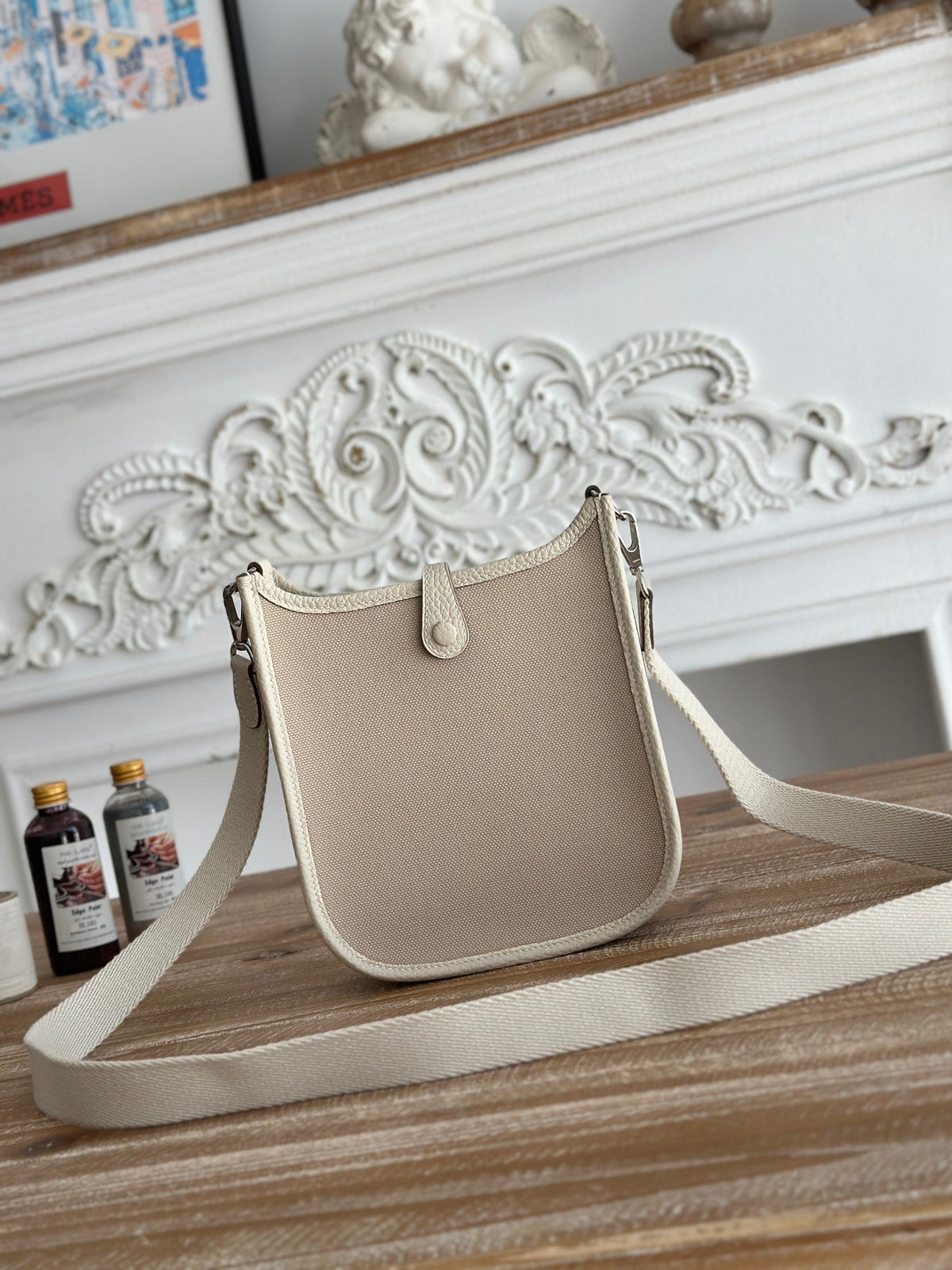 MINI NEO 17 EVELYNE BAG IN OYSTER TAN CANVAS AND WHITE CALFSKIN