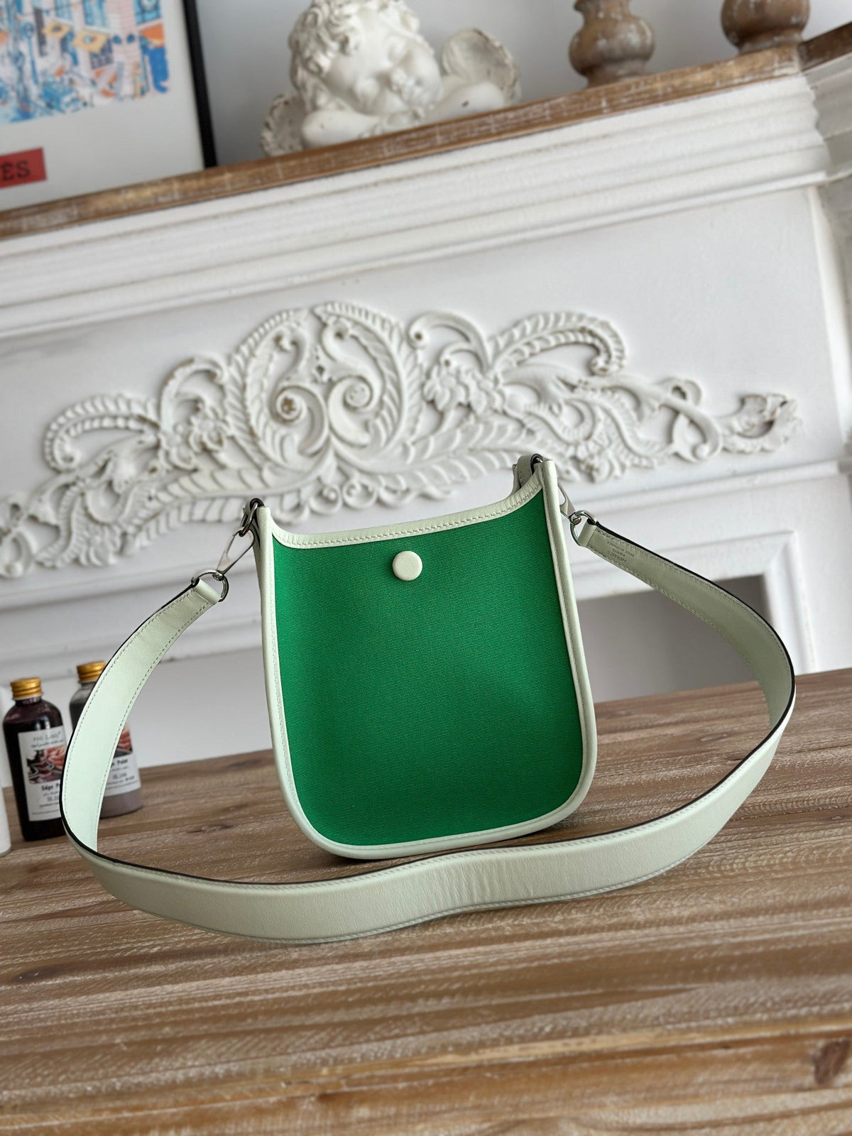 MINI NEO 17 EVELYNE BAG IN EMERALD GREEN CANVAS AND WHITE CALFSKIN