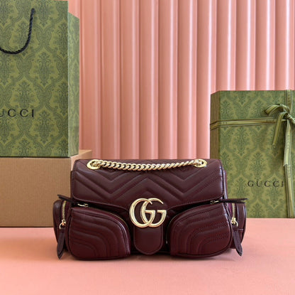 MARMONT SMALL MULTI-POCKET BAG 25 IN CURRANT RED CALFSKIN GOLD HARDWARE