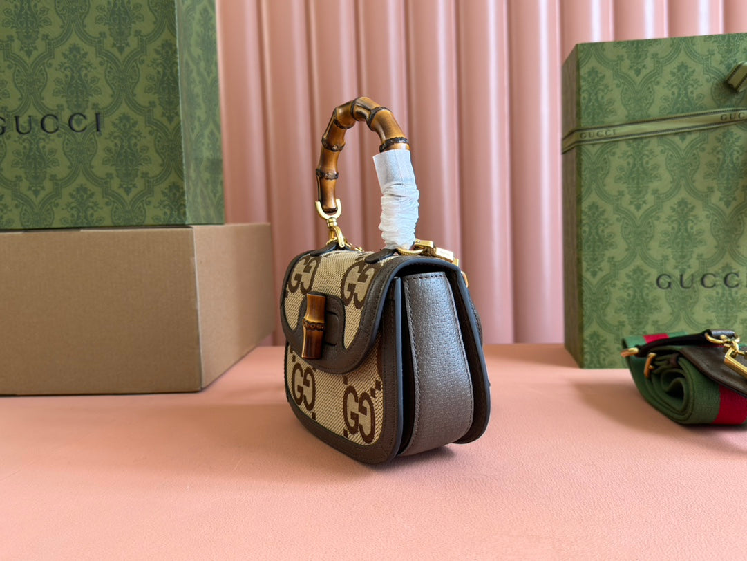 BAMBOO 1947 MINI BAG 17 IN BROWN CALFSKIN AND BEIGE CANVAS
