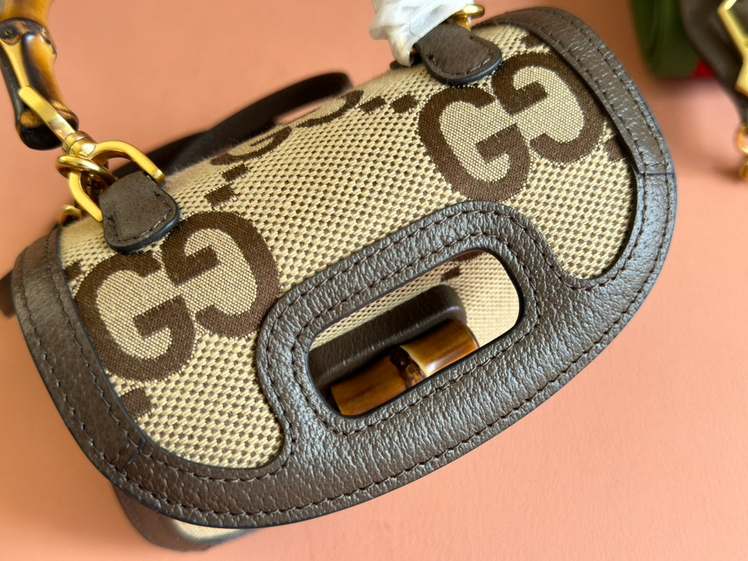 BAMBOO 1947 MINI BAG 17 IN BROWN CALFSKIN AND BEIGE CANVAS