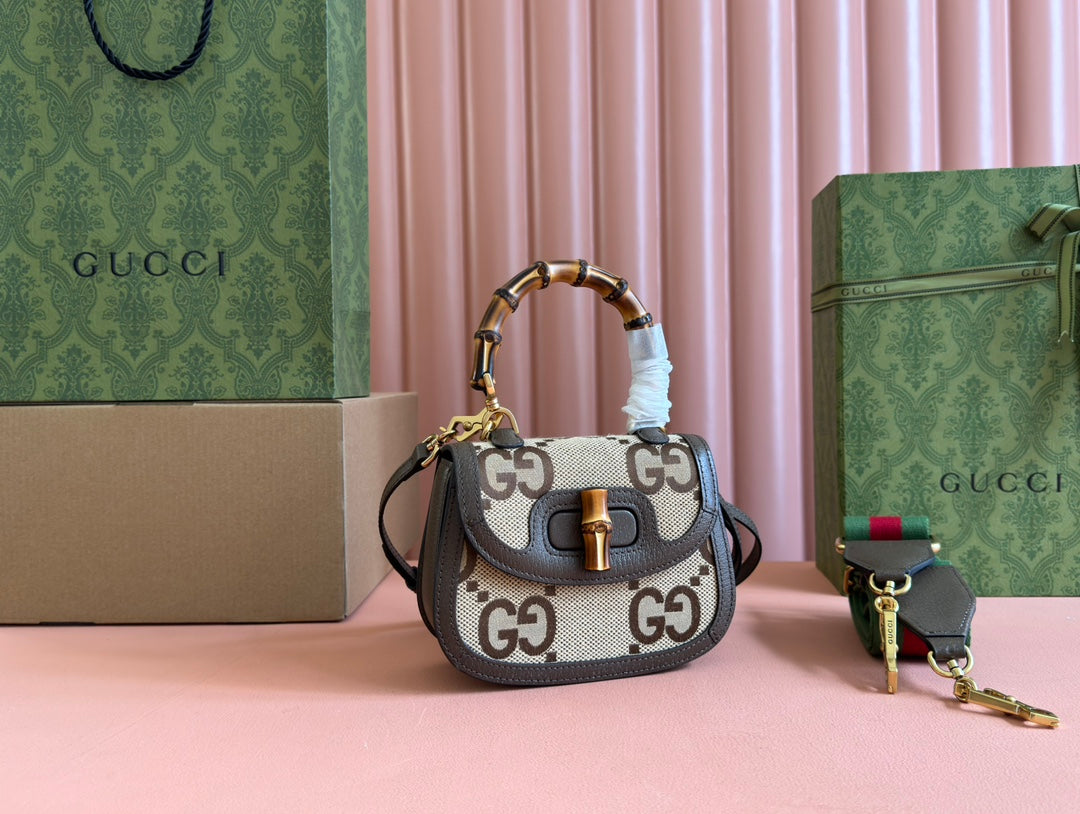 BAMBOO 1947 MINI BAG 17 IN BROWN CALFSKIN AND BEIGE CANVAS