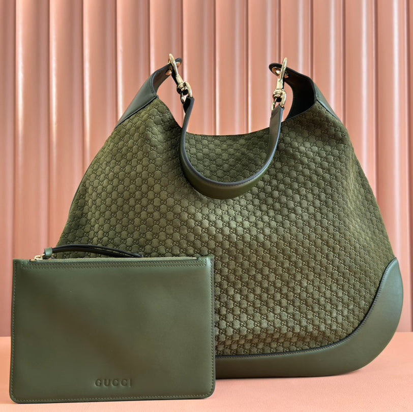 B LARGE SHOULDER BAG 49 IN ARMY GREEN GG EMBOSSED SUEDE