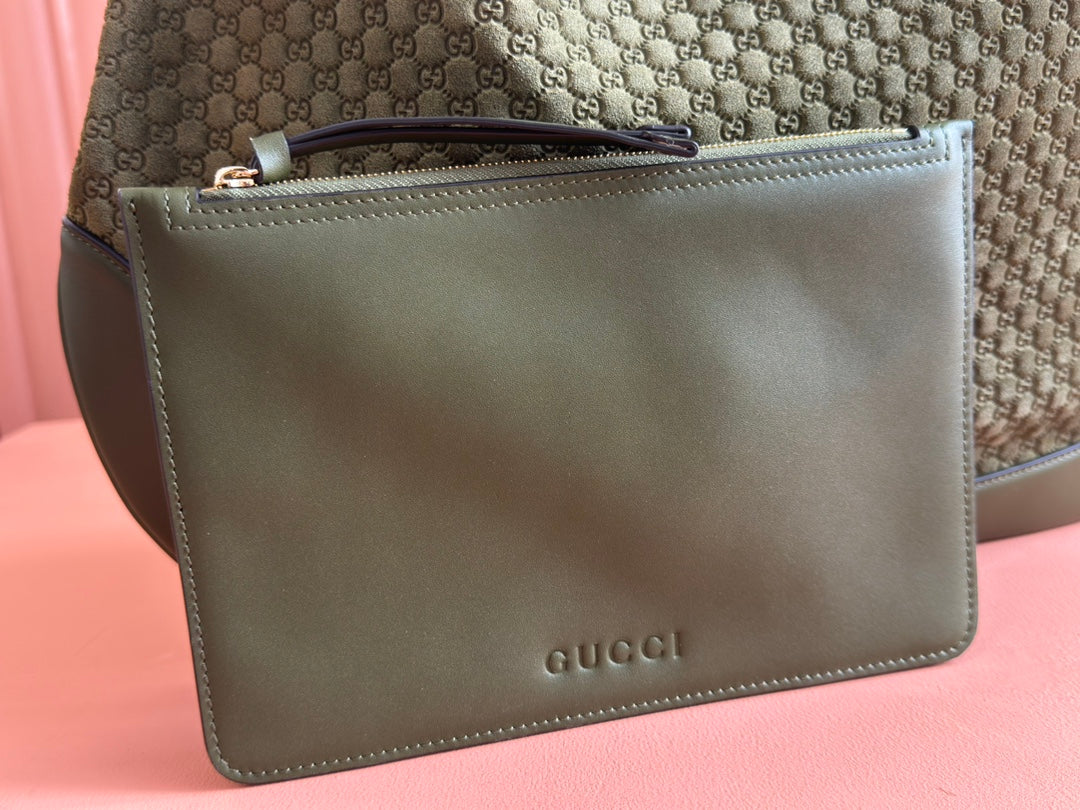 B LARGE SHOULDER BAG 49 IN ARMY GREEN GG EMBOSSED SUEDE