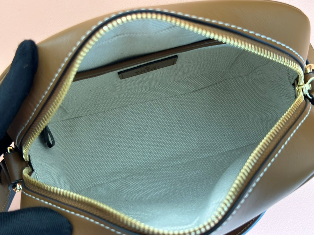 BLONDIE SMALL SHOULDER BAG 21 IN BEIGE AND DARK BROWN CANVAS BROWN CALFSKIN