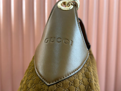 B LARGE SHOULDER BAG 49 IN SEAWEED GREEN GG EMBOSSED SUEDE