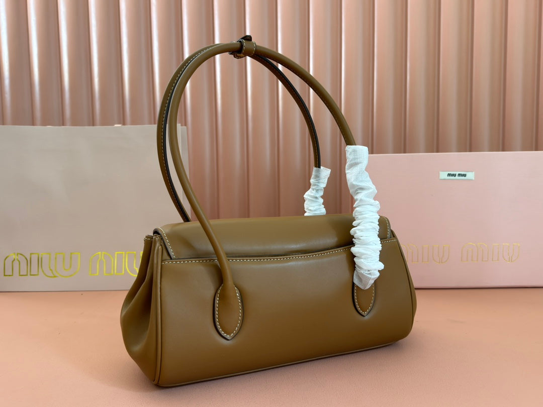 BEAU TOP HANDLE BAG 28 IN CHOCOLATE BROWN GLOSSY CALFSKIN GOLD HARDWARE