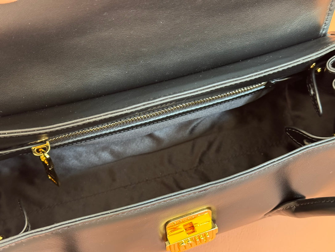 BEAU TOP HANDLE BAG 28 IN BLACK GLOSSY CALFSKIN GOLD HARDWARE