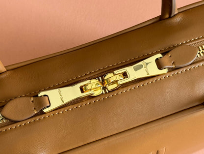 BEAU TOP HANDLE BAG 29 IN TAWNY BROWN GLOSSY CALFSKIN