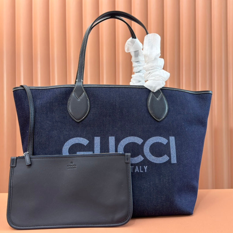 LARGE TOTISSIMA REVERSIBLE TOTE 30.5 IN DARK BLUE DENIM ONE SIDE BEIGE AND BLUE CALFSKIN ON THE OTHER