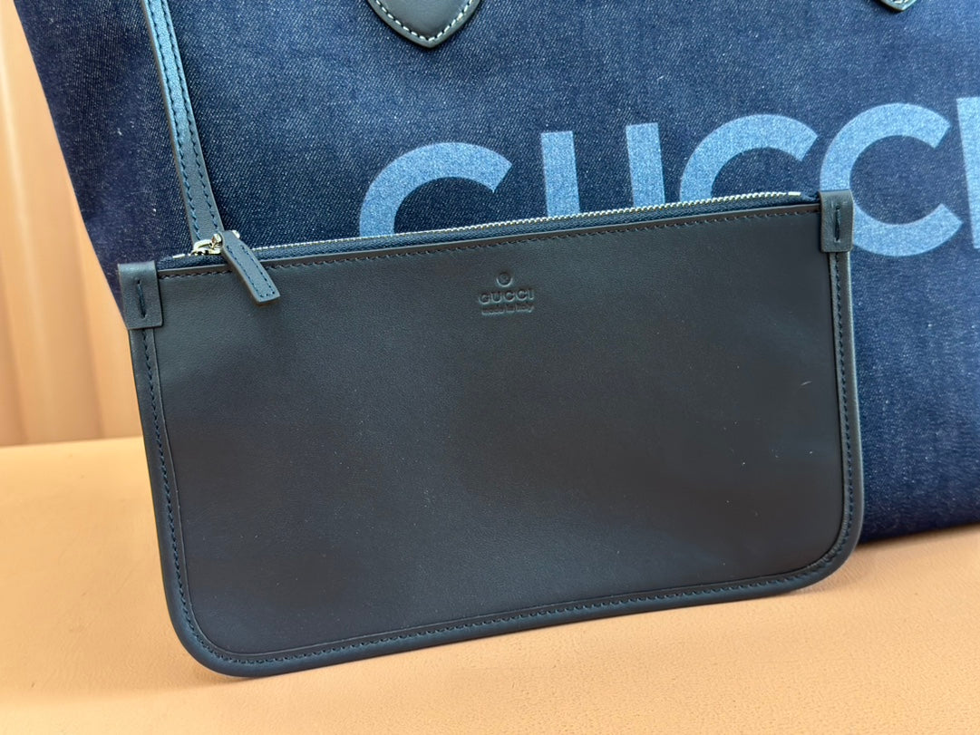 LARGE TOTISSIMA REVERSIBLE TOTE 30.5 IN DARK BLUE DENIM ONE SIDE BEIGE AND BLUE CALFSKIN ON THE OTHER