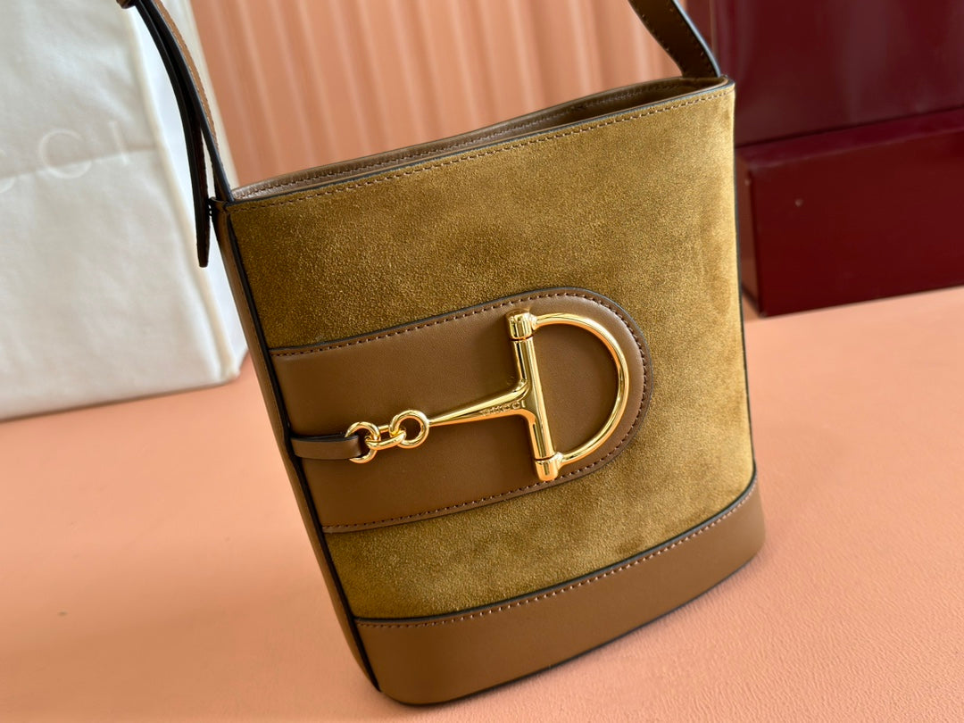73 SMALL BUCKET BAG 20 IN BROWN SOFT SUEDE AND CALFSKIN