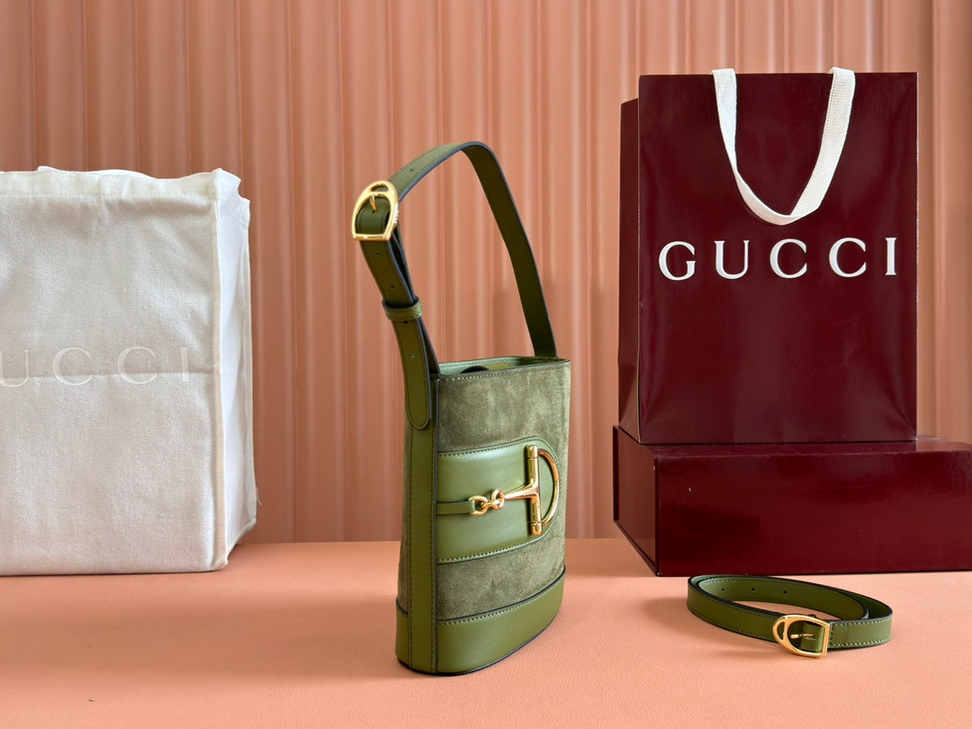 73 SMALL BUCKET BAG 20 IN GREEN SOFT SUEDE AND CALFSKIN