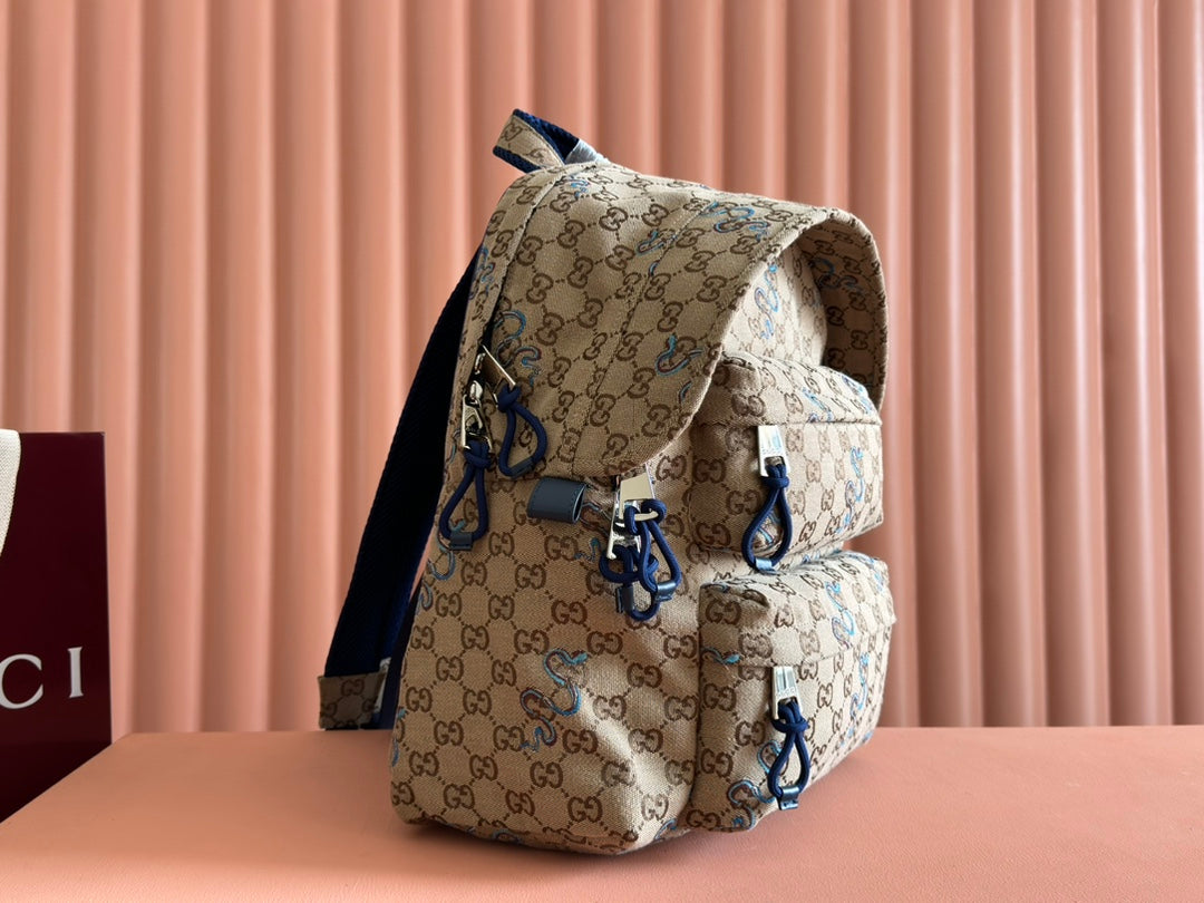 BACKPACK 40 IN BEIGE AND BROWN CANVAS BLUE SNAKE EMBROIDERY
