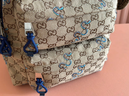 BACKPACK 40 IN BEIGE AND BROWN CANVAS BLUE SNAKE EMBROIDERY