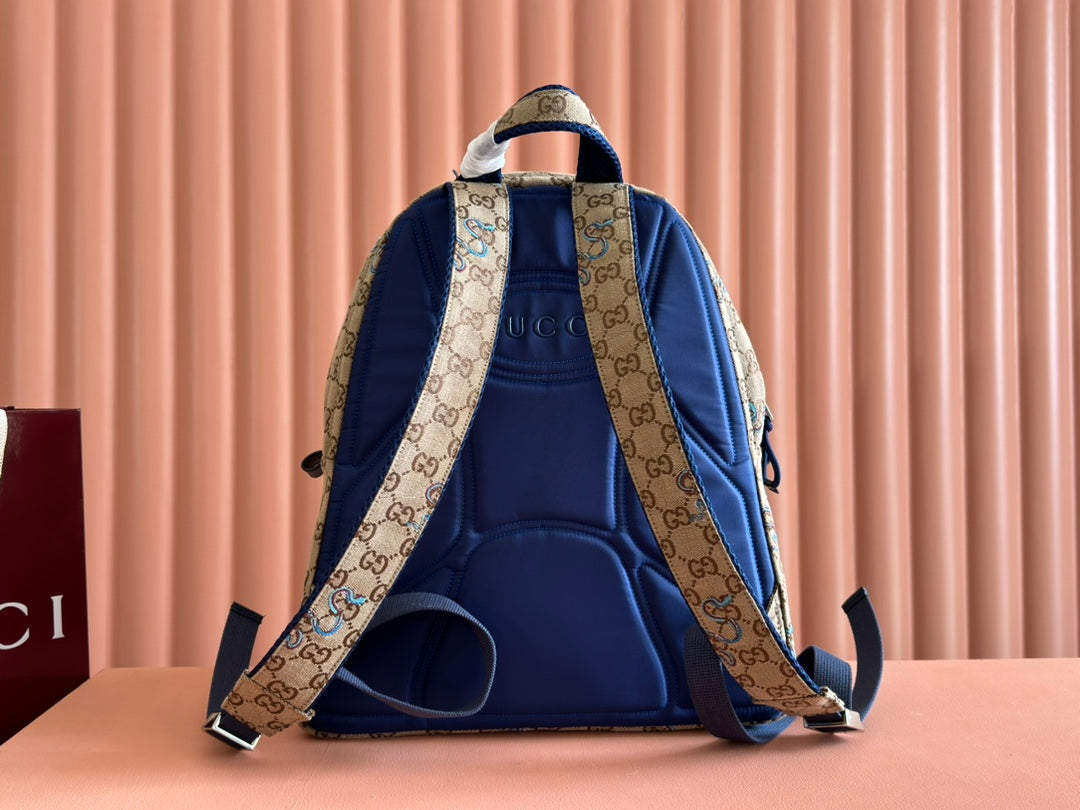BACKPACK 40 IN BEIGE AND BROWN CANVAS BLUE SNAKE EMBROIDERY