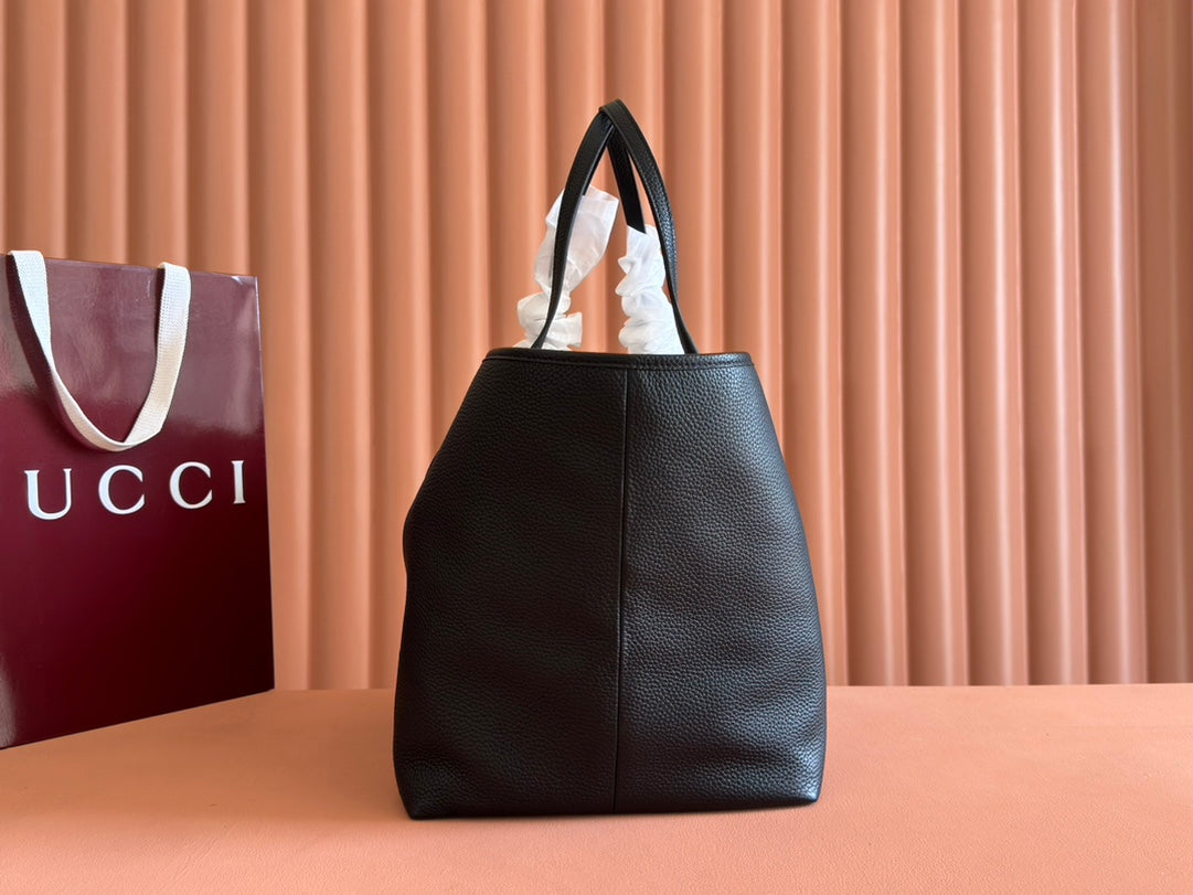 MEDIUM TOTISSIMA REVERSIBLE TOTE BAG 30 IN BLACK CALFSKIN BEIGE AND BROWN GG CANVAS ON SIDE