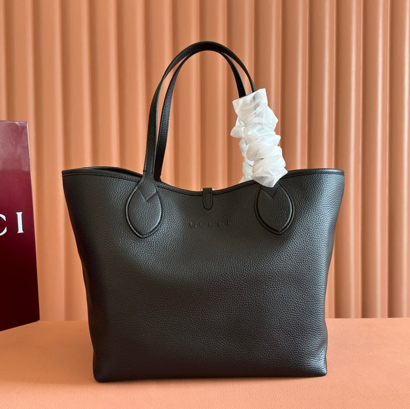 MEDIUM TOTISSIMA REVERSIBLE TOTE BAG 30 IN BLACK CALFSKIN BEIGE AND BROWN GG CANVAS ON SIDE