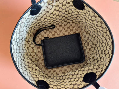MEDIUM TOTISSIMA REVERSIBLE TOTE BAG 30 IN BLACK CALFSKIN BEIGE AND BROWN GG CANVAS ON SIDE