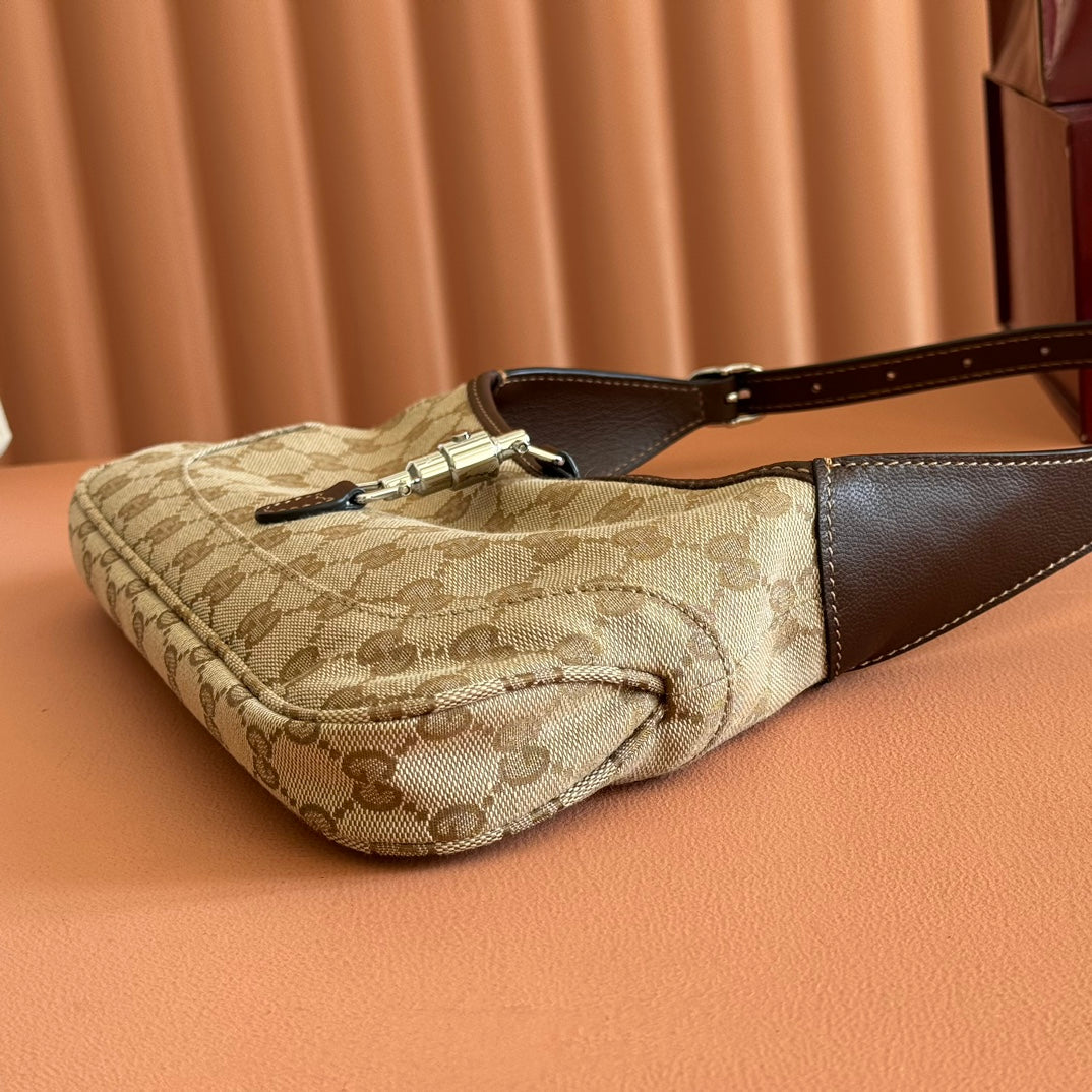 GUCCI 25S JACKIE MONOGRAM 27 CM IN LIGHT BROWN CANVAS AND CALFSKIN