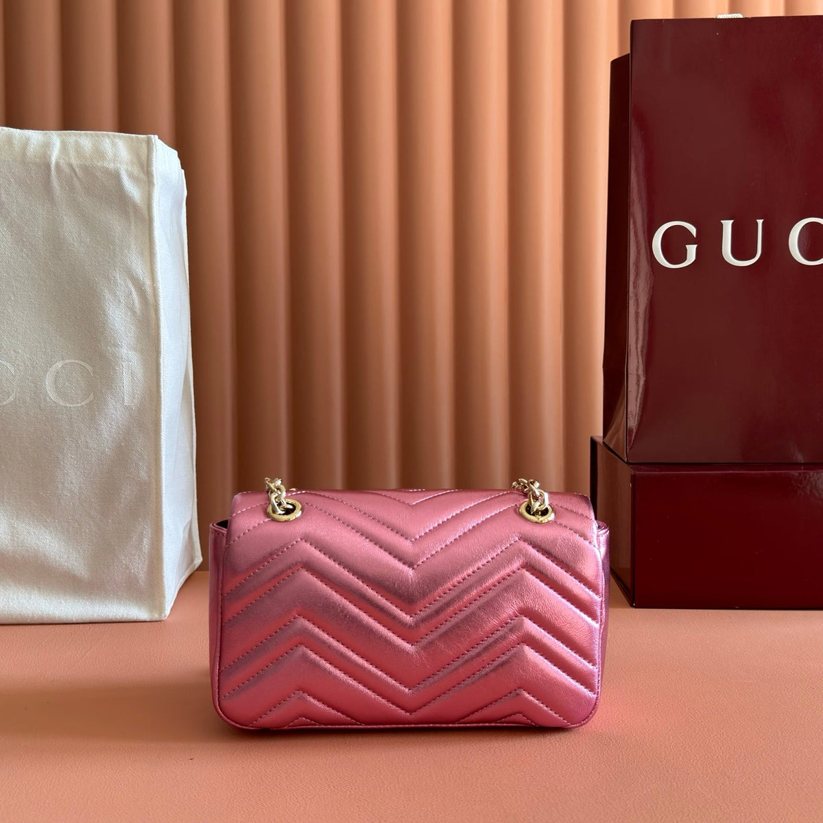 GUCCI GG MARMONT BAG 22 IN METALLIC PINK LAMBSKIN