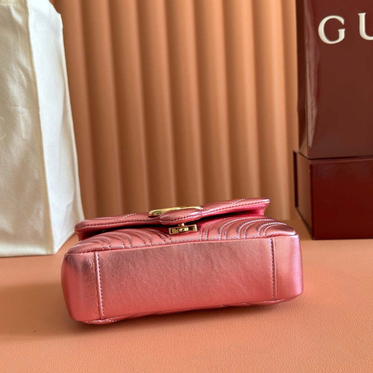 GUCCI GG MARMONT BAG 22 IN METALLIC PINK LAMBSKIN