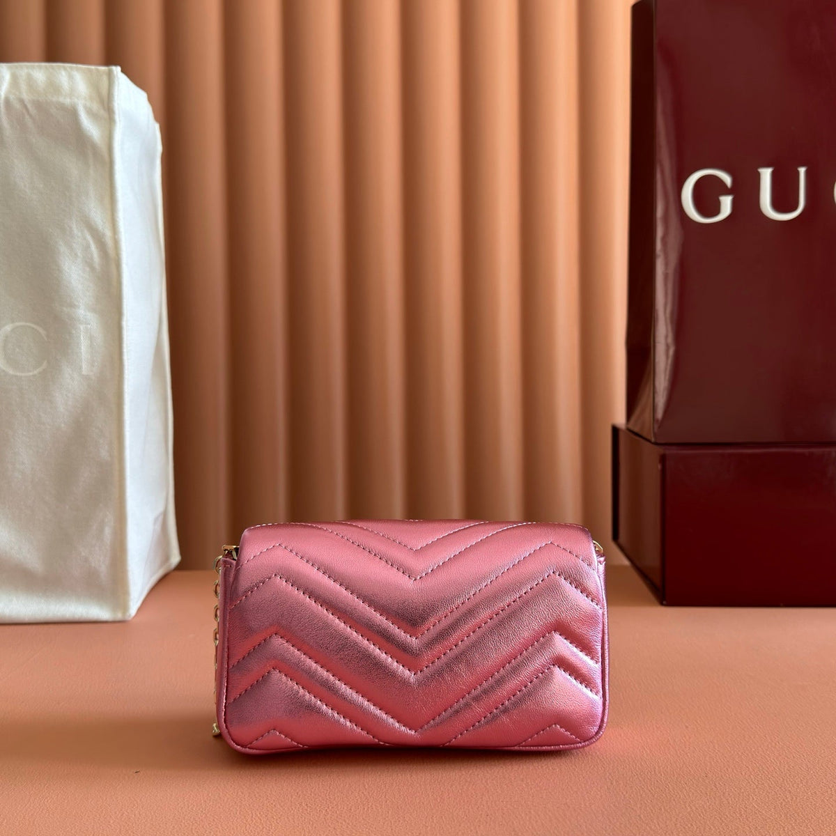 GUCCI GG MARMONT BAG 16 IN METALLIC PINK LAMBSKIN