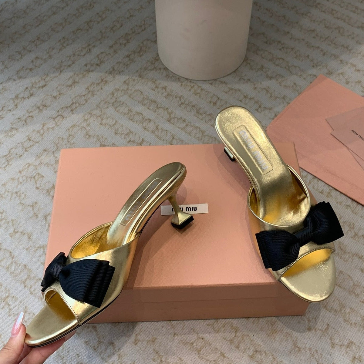 Metallic Gold Mid - Heels With Black Bow Calfskin