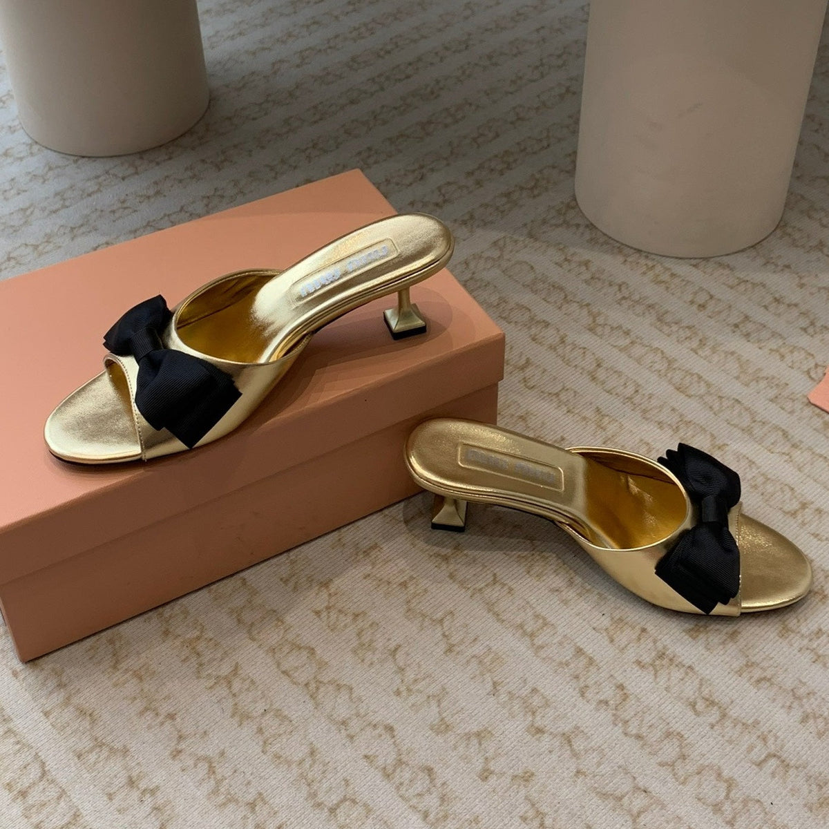 Metallic Gold Mid - Heels With Black Bow Calfskin