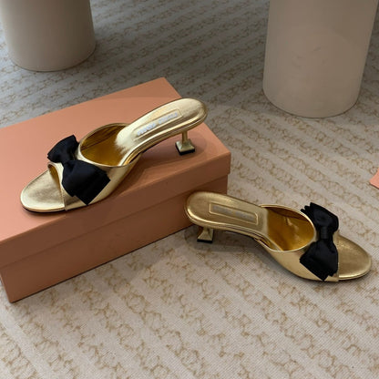 Metallic Gold Mid - Heels With Black Bow Calfskin