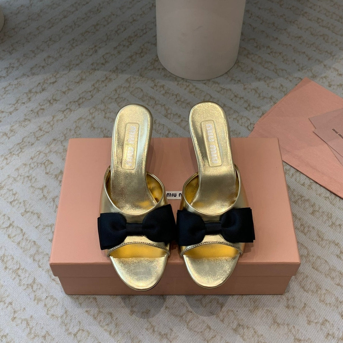 Metallic Gold Mid - Heels With Black Bow Calfskin