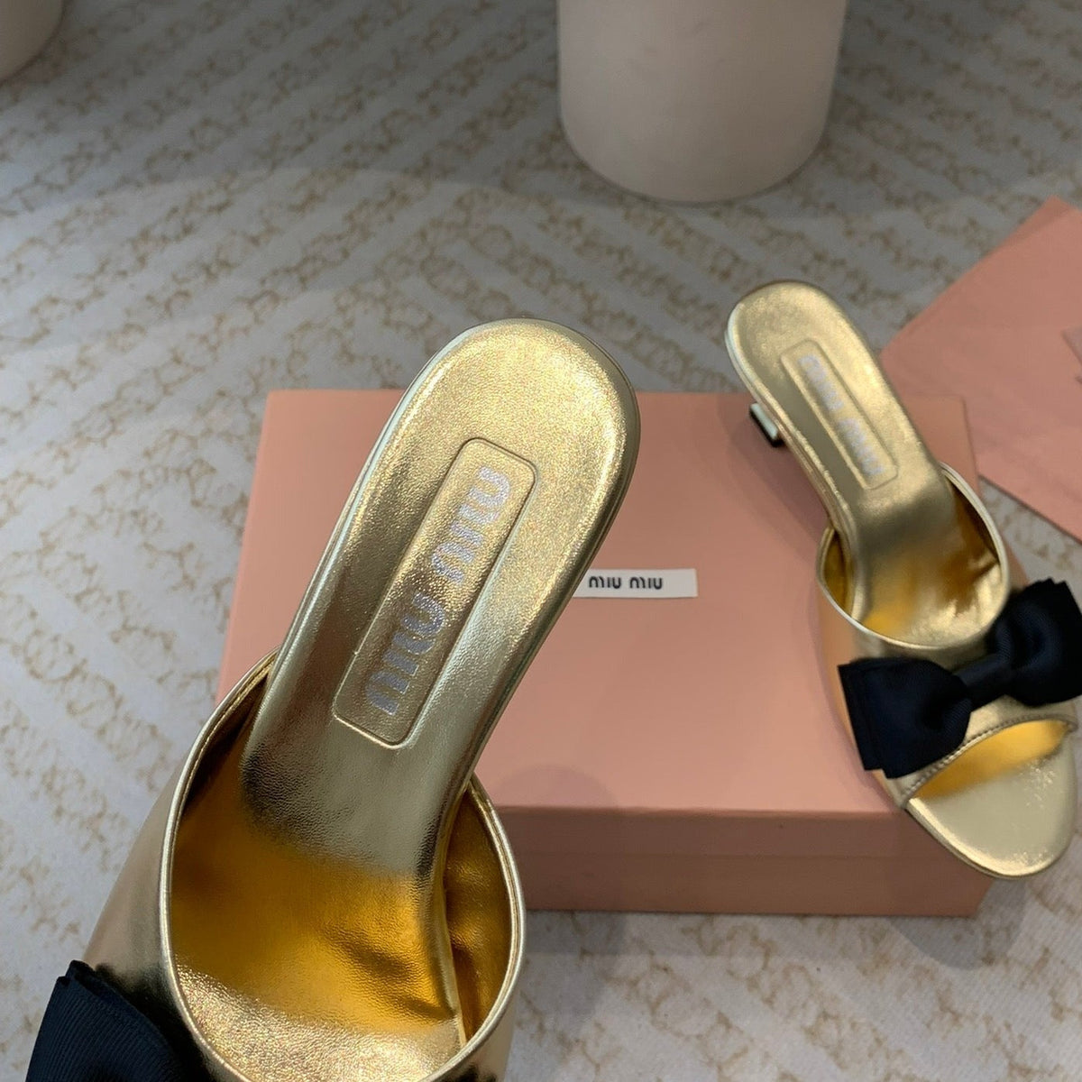 Metallic Gold Mid - Heels With Black Bow Calfskin