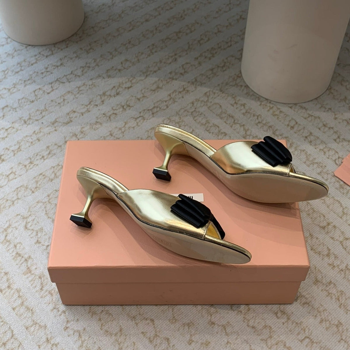 Metallic Gold Mid - Heels With Black Bow Calfskin